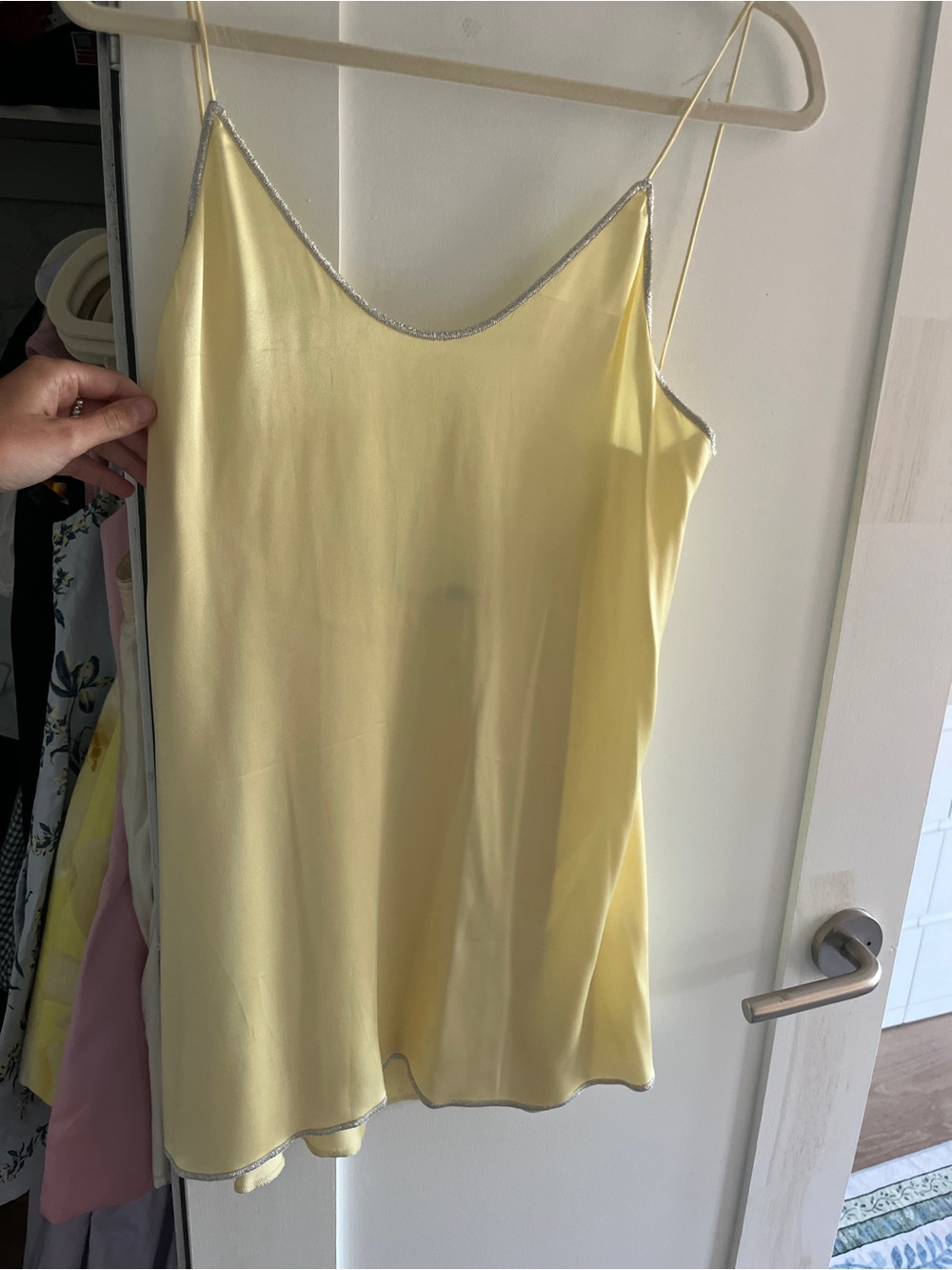 REVOLVE Pale Yellow Satin Slip Mini with Silver Trim